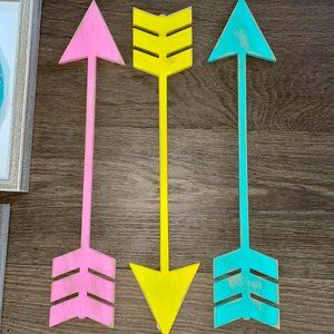 3 Decorative BOHO wood painted Arrows for Wall or Shelf Yellow, Pink, Turquoise